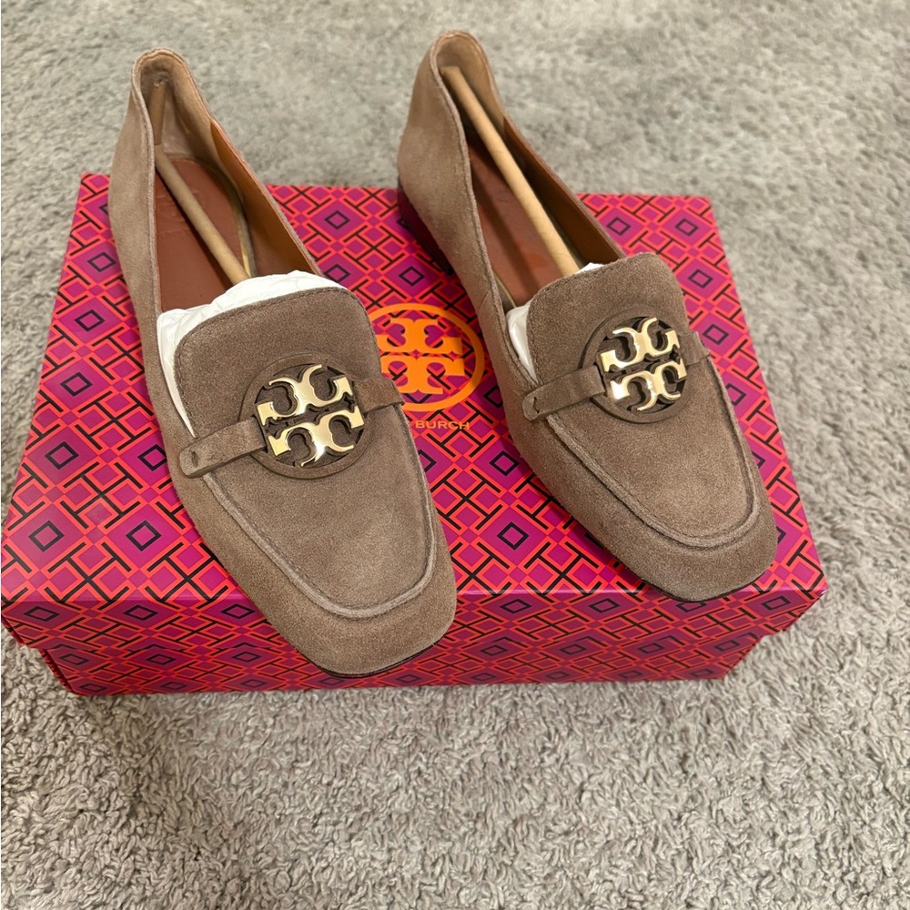 Tory Burch Brown Suede Loafers with Gold Logo